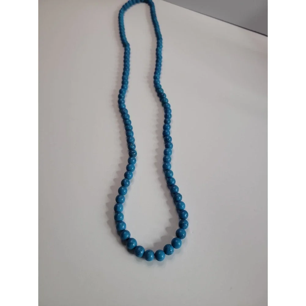 Blue Black Veined Round Bead Long Necklace Southwestern Boho Statement Jewelry